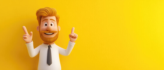 Fototapeta premium Cheerful cartoon team leader celebrating teamwork, vibrant yellow background, energetic high five gesture, promoting positivity and collaboration