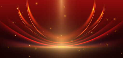 Fototapeta premium Abstract elegant red curved ray with gold lighting effect sparkle on dark red background. Template premium award design.