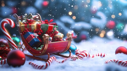 A Red Sleigh Filled with Christmas Presents and Candy Canes in the Snow