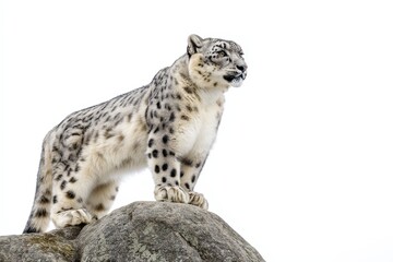 Striking profile portrait of a snow leopard on a rock with fierce expression against white backdrop isolated