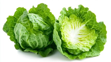 Two Lettuce Heads One Cut in Half Isolated on a White Background Fresh and Green. Generative AI