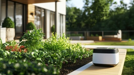 A smart home garden with automated plant sensors and a digital irrigation system that adjusts watering schedules based on weather forecasts, Advanced gardening theme, Eco-friendly style