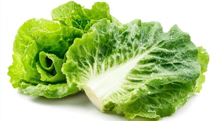 Fresh green romaine lettuce with water droplets on white background. Generative AI