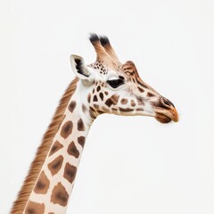 Fototapeta premium Graceful giraffe portrait with friendly expression, bending neck on minimalist white background