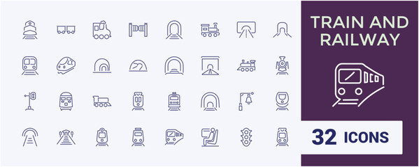 Railway outline icons. Train linear icon collection. Editable stroke. Train station icons bundle. Vector illustration.