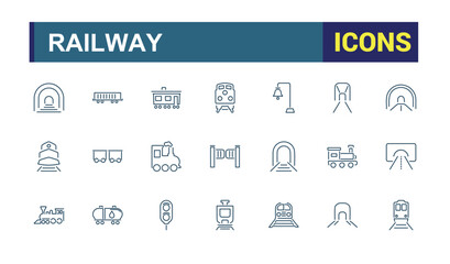 Railway outline icons. Train linear icon collection. Editable stroke. Train station icons bundle. Vector illustration.