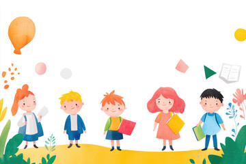 Watercolor illustration of a vibrant school setting, showcasing children engaging in educational activities, fostering creativity and learning.