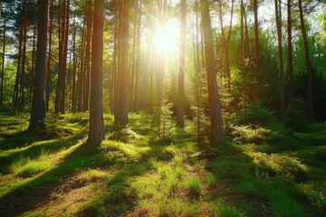 Fototapeta premium sun rays through the forest on the herbal on the earth