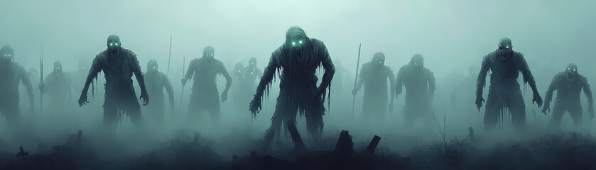 Fototapeta premium Zombie horde in foggy graveyard, tattered clothes, glowing eyes, shadows stretching, watercolor illustration capturing eerie atmosphere