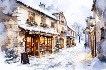 Fototapeta premium Christmas Cobblestone Street. Generated image. A digital illustration in a watercolor painting style of a charming cobblestone street with shops displaying Christmas holiday wares in their windows.