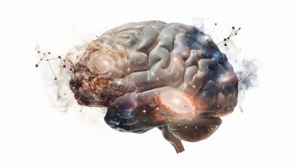 a surrealistic interpretation of the human brain as a vast library, with shelves of knowledge stretching into infinity and glowing with the wisdom of the ages