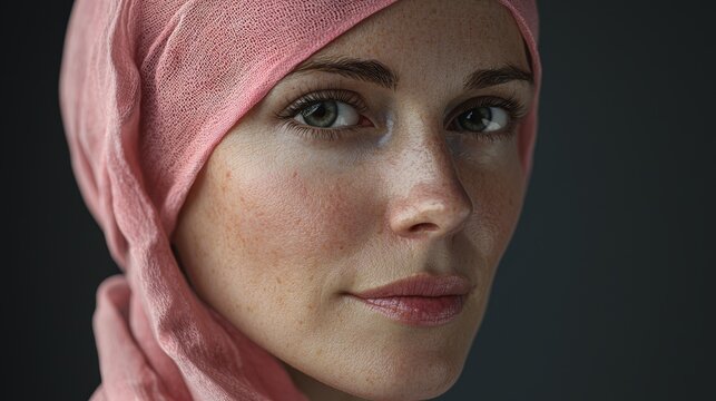 Portrait of Woman Wearing Pink Headscarf Breast Cancer Awareness
