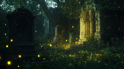 Enchanting Tomb Aglow with Fireflies at Twilight, Evoking a Serene and Mystical Ambiance