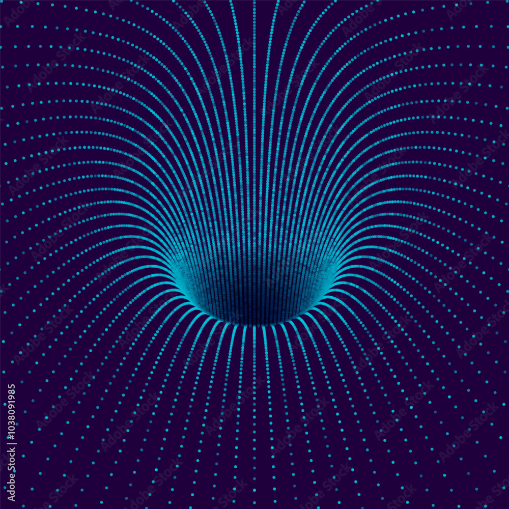Wall mural wireframe tunnel with particles. 3d grid background. abstract wormhole of dots. vector illustration.