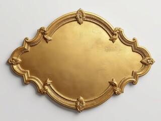 Ornate gold decorative plaque with intricate baroque details and leaf motifs, isolated on a white background