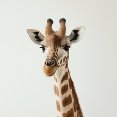 Friendly giraffe portrait with brown spots on beige fur, minimalist style on white background