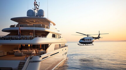A helicopter flies over a luxury yacht at sunset.