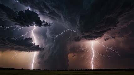 Powerful lightning strikes illuminate a dark, stormy sky over a vast field.