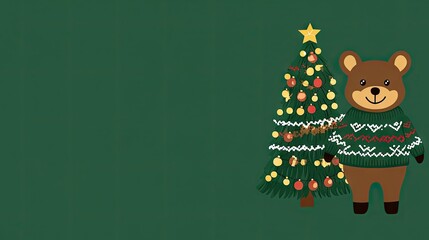 Fototapeta premium Cartoon animals in cozy sweaters stand beside a Christmas tree glowing with lights, with room to add text for holiday wishes.