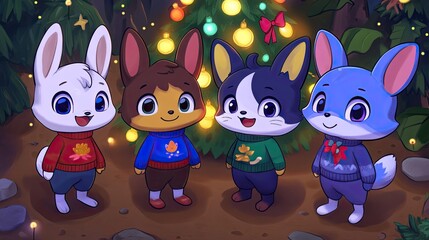 Naklejka premium Cartoon animals in cozy sweaters stand beside a Christmas tree glowing with lights, with room to add text for holiday wishes.