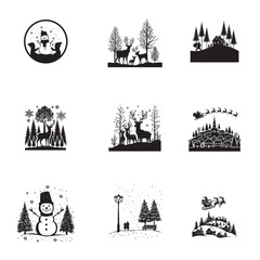 Collection of Christmas silhouettes ClipArt design - Christmas Vector illustration in black and white
