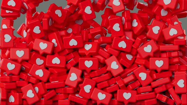 3D animation video loop of a pile of social media like icon falling and filling the screen on a transparent background, symbolizing engagement and online virality