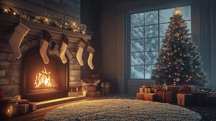 Obraz premium A cozy 3D-rendered Christmas living room scene with a glowing fireplace