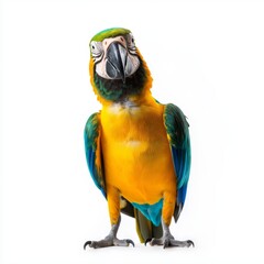 Minimalist portrait of a parrot standing on one leg with head raised against a white background isolated
