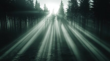 Ethereal Forest Light Rays in Misty Landscape