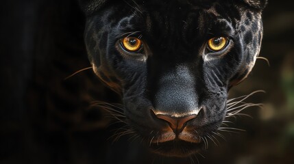 A black panther with bright, green eyes is looking directly at the camera.