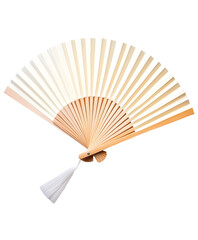 A close-up of a traditional, hand-held fan with a white tassel. On a transparent png or white background, isolated