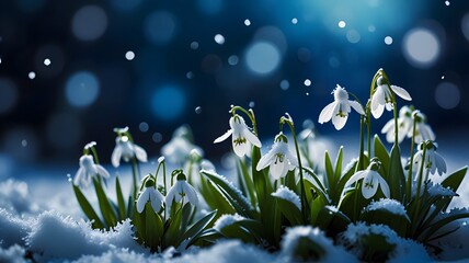 A peaceful winter scene featuring scattered snowflakes of various sizes and shapes, set against a gradient of light blue and white with a bokeh effect of small stars and white dots.