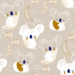 Materiał do szycia Seamless pattern with hand drawn cute sleeping koala character. Childish adorable pastel texture with moon, stars. Vector illustration