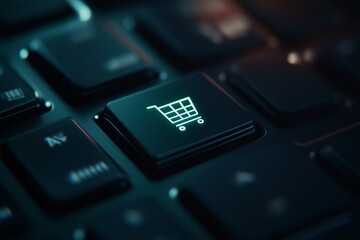 Obraz premium computer keyboard with a key featuring a shopping cart icon. symbolizing the concept of online retail and e-commerce, seasonal sale banner, black friday concept, shopping and consumerism
