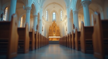 Interior view of a serene church with wooden pews and elegant stained glass windows during daylight