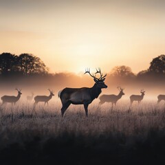 Majestic Stag with Silhouetted Deer at Sunrise