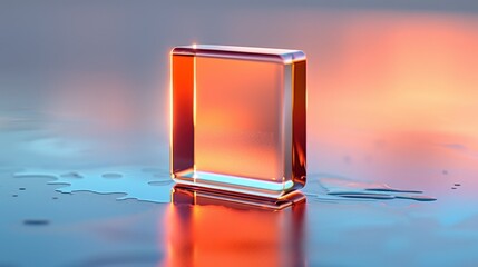 A single, transparent glass cube stands on a reflective surface, with warm orange light reflecting off the cube and surface.
