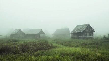 Mystical Abandoned Village Enveloped in Fog with Weatherworn Huts and Nature Reclaiming Civilization - Detailed Fantasy Landscape Photography