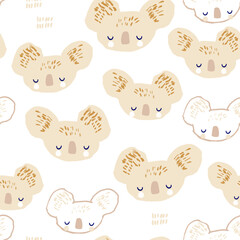 Obraz premium Seamless pattern with hand drawn cute sleeping koala character. Childish adorable texture with cartoon koalas. Vector illustration