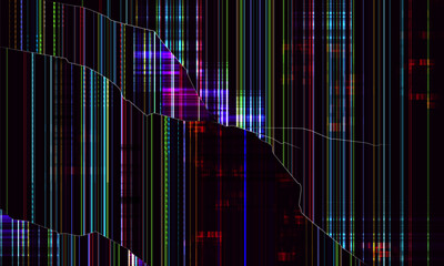 Broken screen with glitch effect. Damaged display. Cracked glass on monitor or smartphone. Vector illustration.