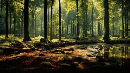Fototapeta premium Beautiful view forest with bright sun shining through the trees