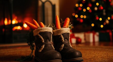 Festive Christmas Scene with Carrots in Boots by the Fireplace