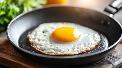 A perfectly cooked sunny side up egg sits in a black skillet.