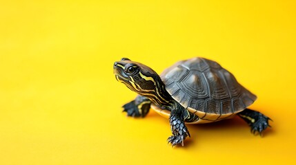 Obraz premium A small turtle on a yellow background.