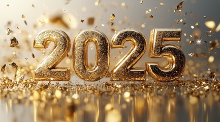 Golden 2025 numbers shining brightly amidst sparkling confetti for New Year celebration