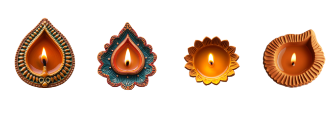 Four colorful diwali diyas lit with flames, a symbol of hope and celebration. Indian oil lamp on a transparent png or white background, isolated
