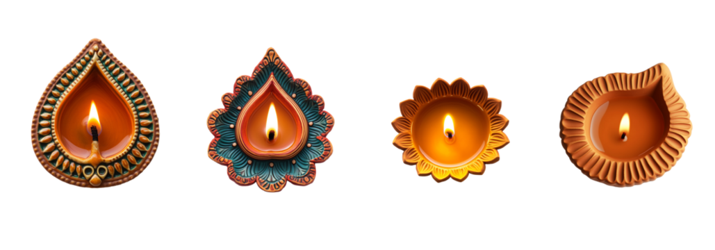 Four colorful diwali diyas lit with flames, a symbol of hope and celebration. Indian oil lamp on a transparent png or white background, isolated - Powered by Adobe