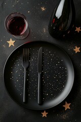 Elegant table setting with black plate and wine for a special occasion