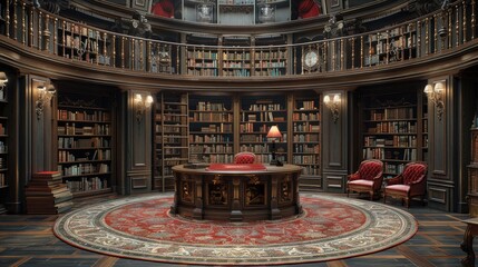 Obraz premium A circular library with a large desk in the center, surrounded by bookshelves filled with books, red armchairs, and a red rug.