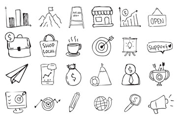Doodle business hand drawn icon set. Business idea, startup doodle line icon set, Black background
